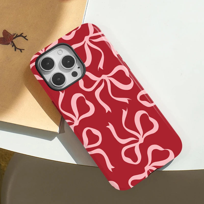 Red Ribbon Bow Phone Case for iPhone 16, 15 & 14 Series - Two-in-One Magnetic PC and TPU Cover with Pink Bows