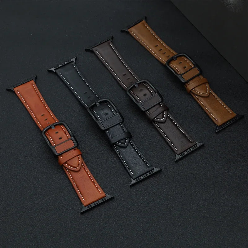 PU Leather Strap for Apple Watch 38mm to 49mm Classic Buckle Band in Black, Brown, Blue and Cyan