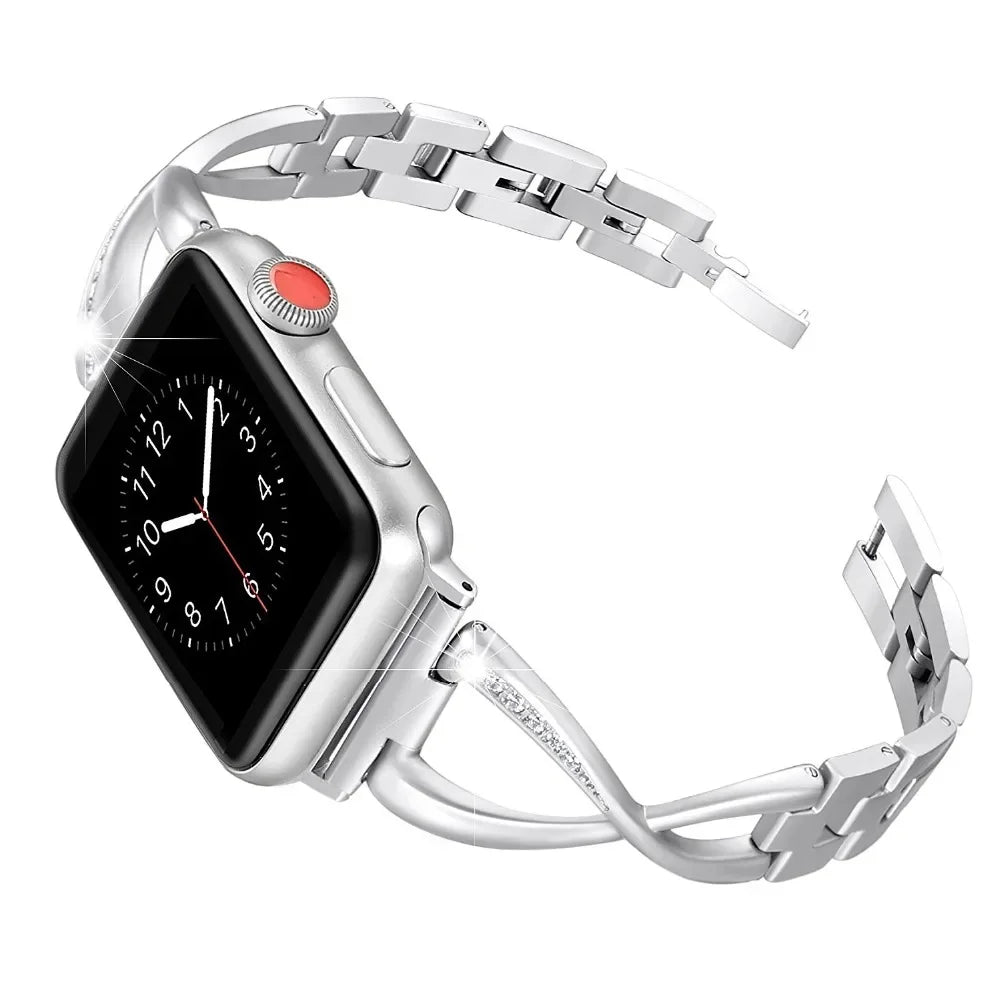 Slim Stone-Set Metal Strap for Apple Watch 38/40/41mm and 42/44/45/49mm Cases, Stainless Steel Crossover Band in 6 Colou
