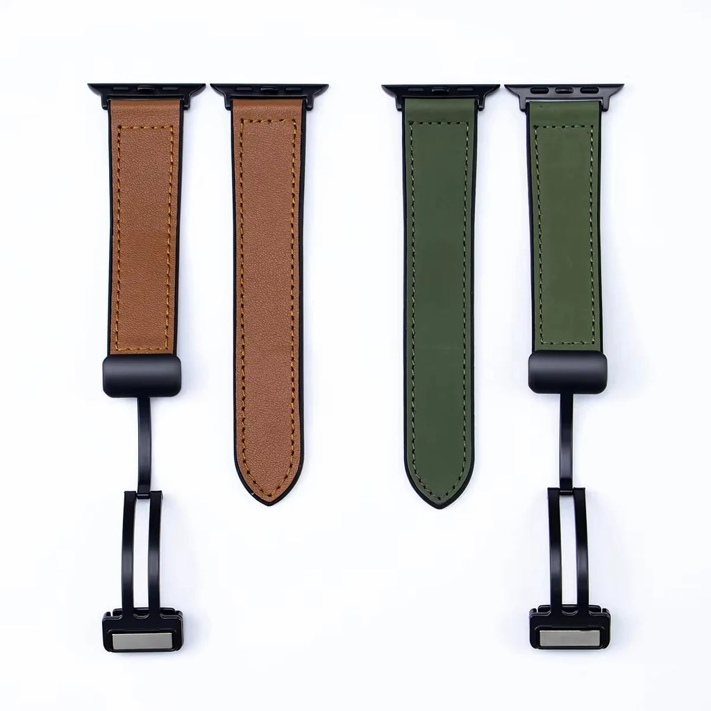 Army Green Cow Leather Strap for Apple Watch 38/40/41/42 and 42/44/45/46/49mm with Magnetic Buckle, Leather and Silicone
