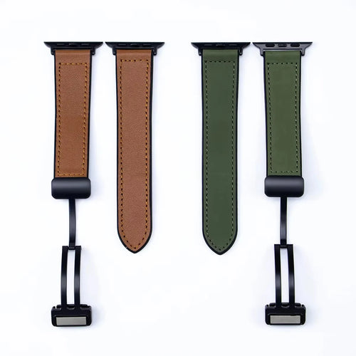Army Green Cow Leather Strap for Apple Watch 38/40/41/42 and 42/44/45/46/49mm with Magnetic Buckle, Leather and Silicone