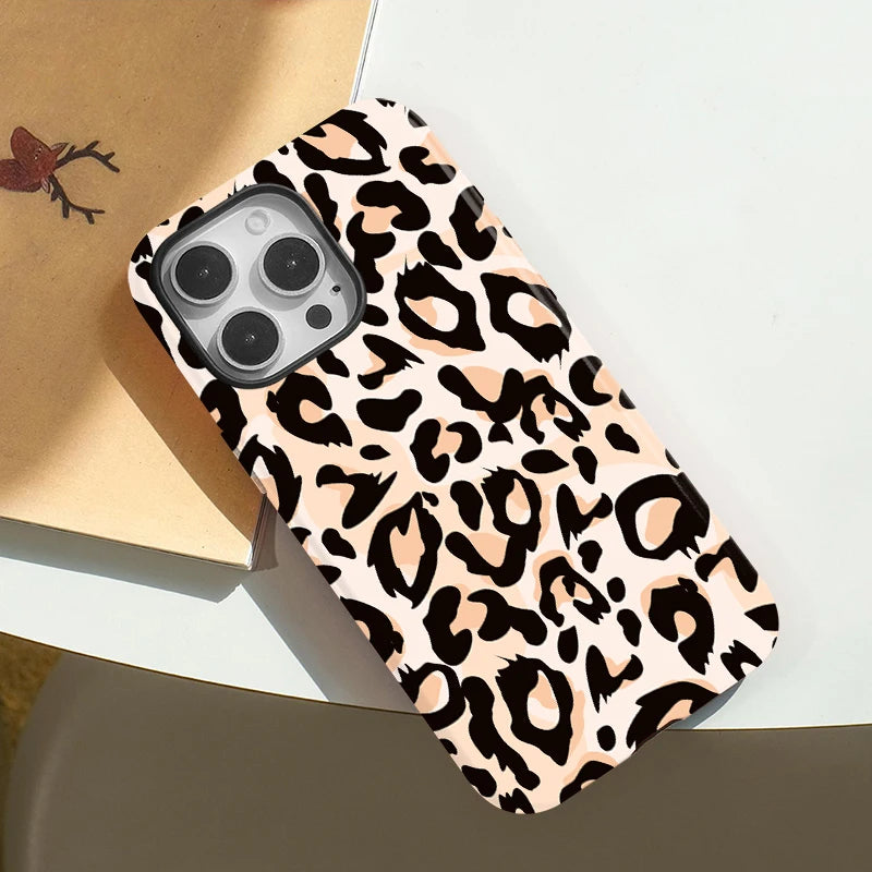 Cream Leopard Print Phone Case for iPhone 16, 15 & 14 Series - Magnetic Double-Layer PC and TPU Cover