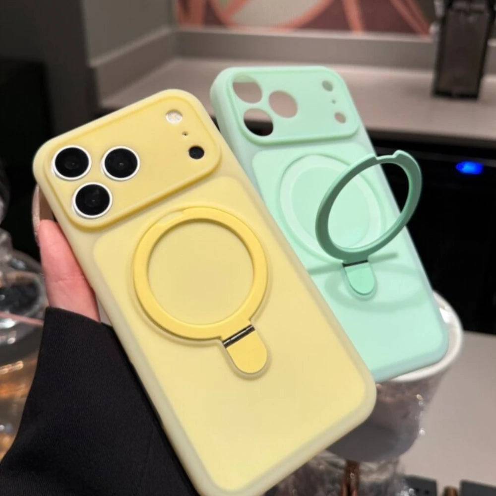Soft Jelly Phone Case with Fold-Out Ring Stand for Select iPhone 15, 16, 17 & 18 Pro Models - Magnetic, 10 Colours