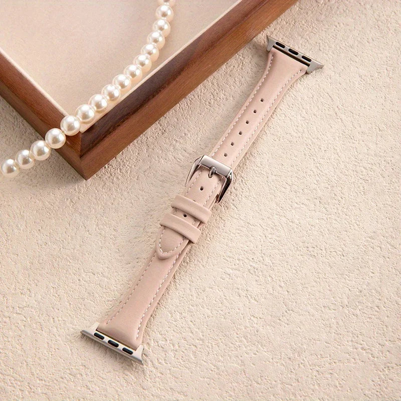 Slim Leather Strap for Apple Watch 38/40/41mm and 42/44/45/46/49mm – Narrow Metal Buckle Watch Band in 5 Colours