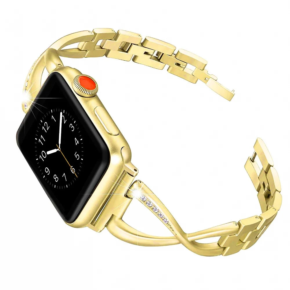 Diamond-Effect Stainless Steel Strap for Apple Watch 38/40/41mm & 44/45/49mm (42mm Series 1–3) with Hook Buckle