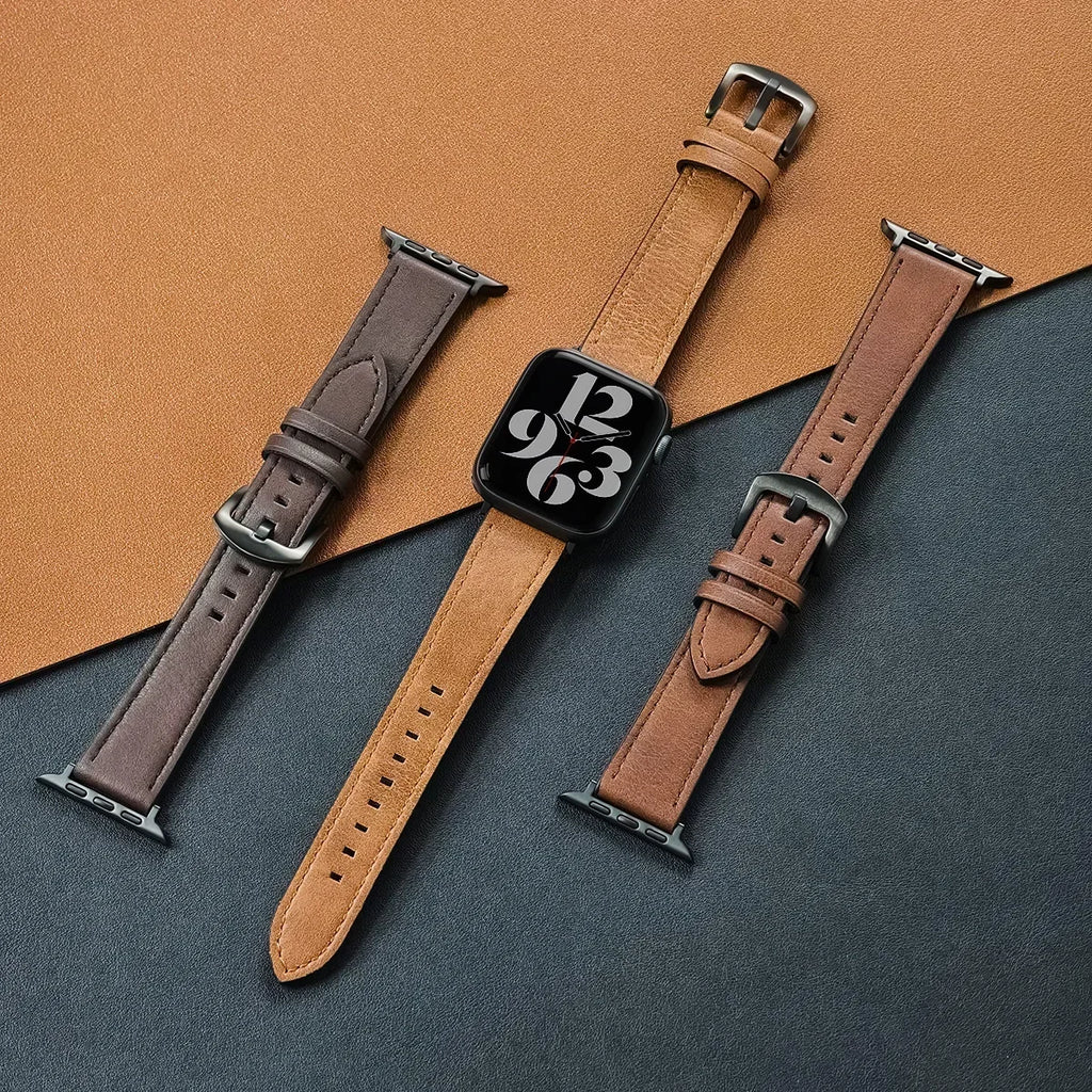 Classic PU Leather Strap for Apple Watch Series, SE & Ultra 38/40/41/42/44/45/46/49mm in Brown, Grey, Black & Blue