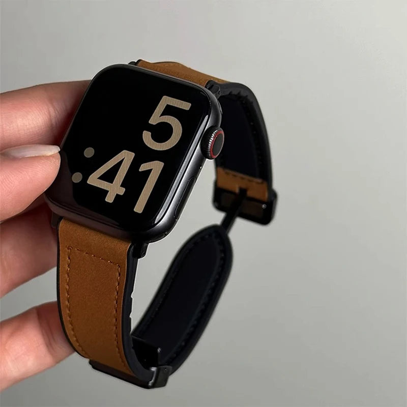 Leather and Silicone Strap with Magnetic Folding Buckle for Apple Watch Series 11, 10, 9, 8, 7, SE & Ultra, 38–49mm Case