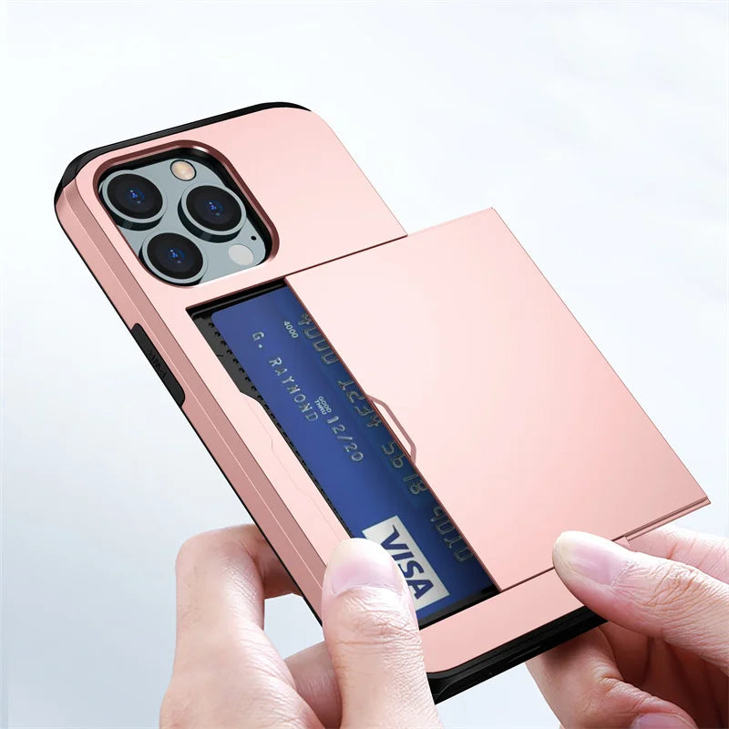 Card Slot Wallet Case with Sliding Card Holder for iPhone 16, 16e, 15 & 14 Series, Dual-Layer Hard PC and Soft TPU