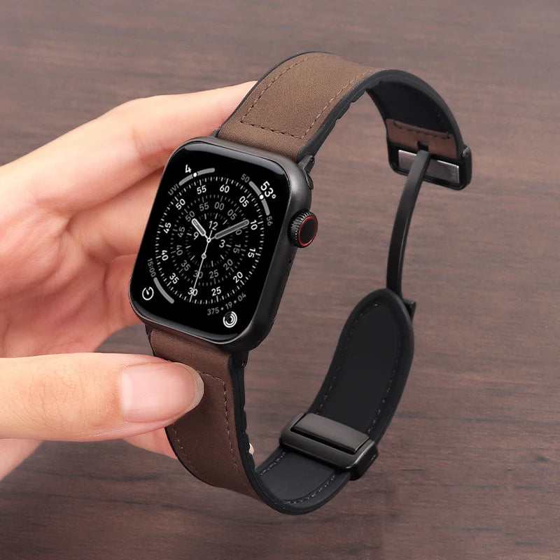 Cow Leather and Silicone Strap with Magnetic Folding Buckle for Apple Watch Series 11, 10, 9, 8, 7, SE & Ultra, 38–49mm