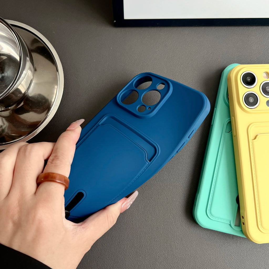 Soft Silicone Phone Case with Push-Up Card Slot for iPhone 16, 15 & 14 Series, Matte Back Cover with Card Pocket in Eigh