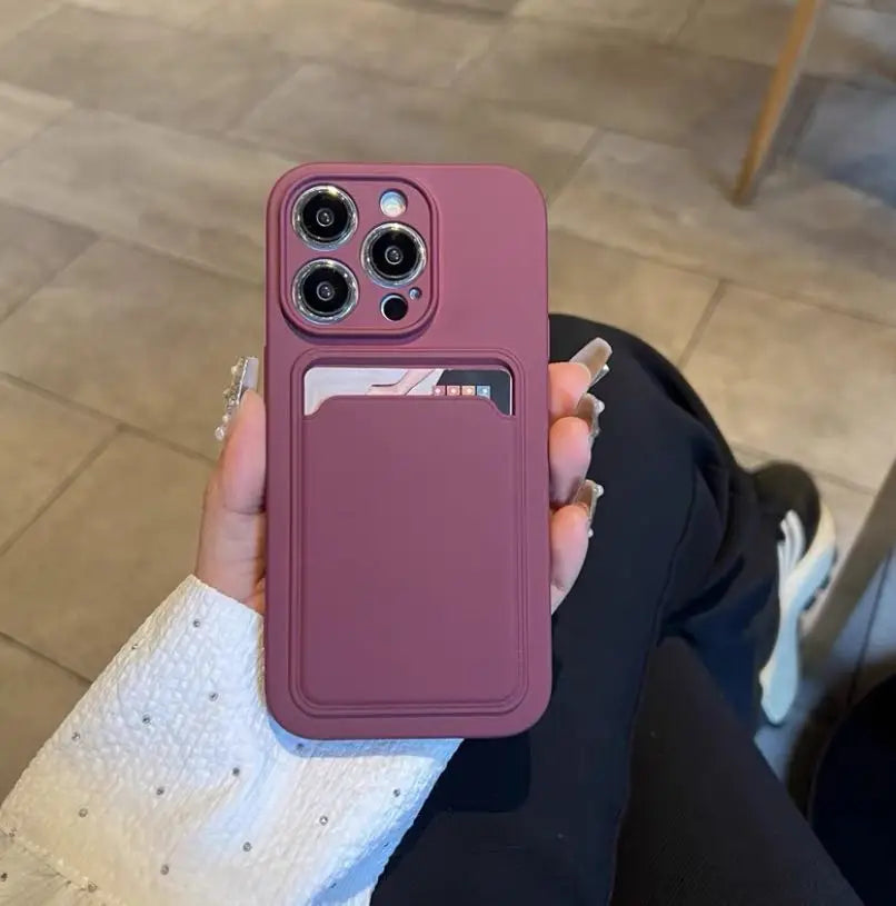 Soft TPU Phone Case with Card Pocket on the Back for iPhone 14, 15, 16, 17 & 18 Pro Models - Slim Frosted Cover in Six C