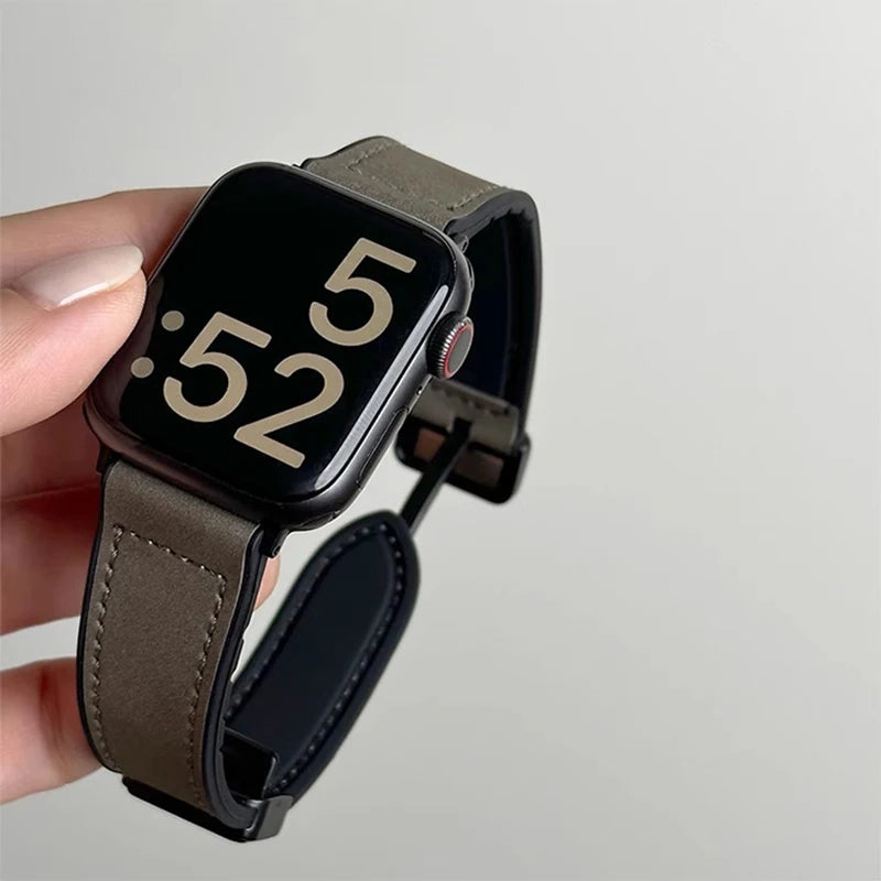 Leather and Silicone Strap with Magnetic Folding Buckle for Apple Watch Series 11, 10, 9, 8, 7, SE & Ultra, 38–49mm Case