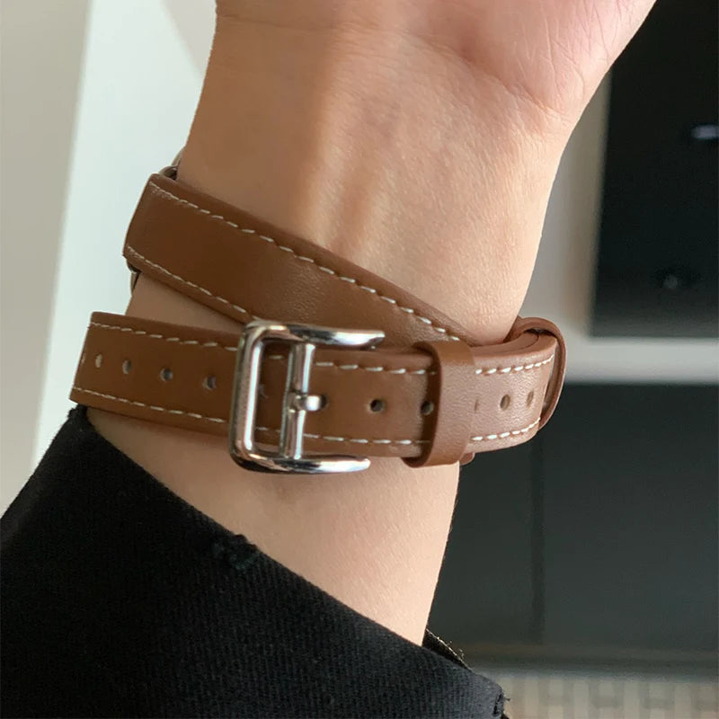 Double Wrap Leather Strap with Pin Buckle for Apple Watch 38/40/41mm & 42/44/45/49mm – Slim Wrap Band for Series, SE & U