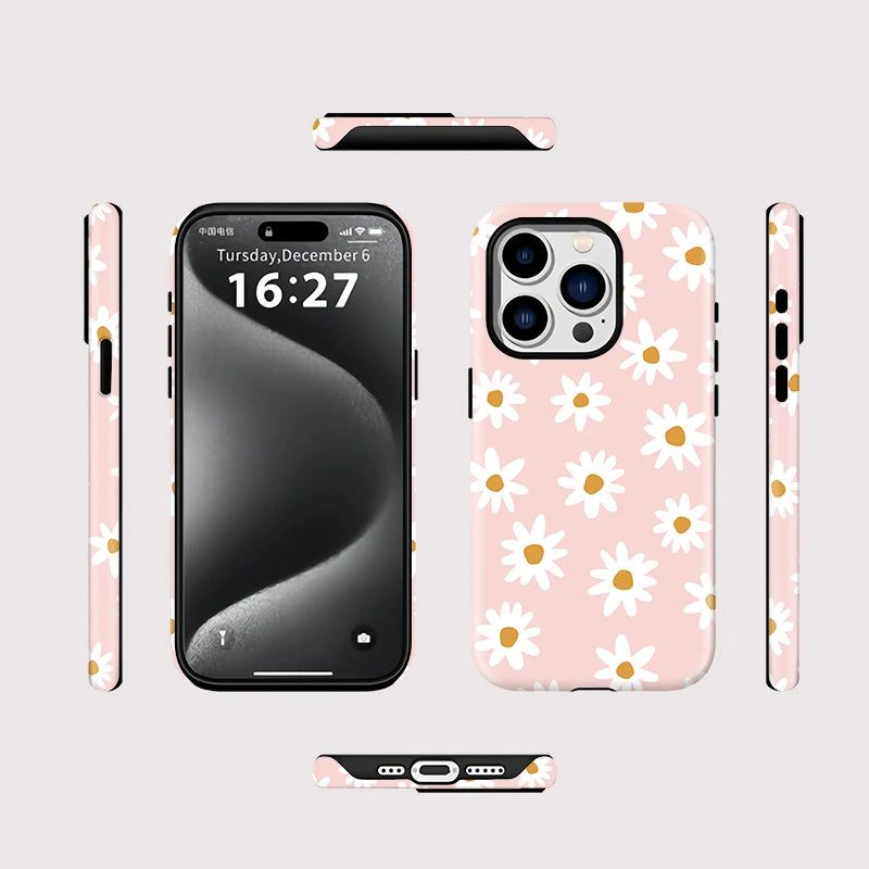 Daisy Print Magnetic Phone Case for iPhone 16, 15 & 14 Series - Pink Floral Two-Layer PC and TPU Cover