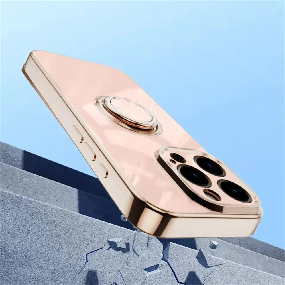 Plated Phone Case with Magnetic Metal Finger Ring Holder and Stand for iPhone 16 Pro Max, 16 Pro, 16, 15 & 14 Series