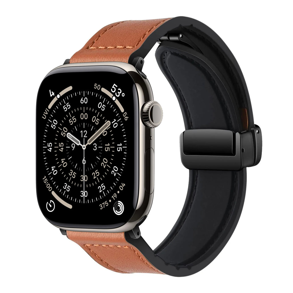 Army Green Cow Leather Strap for Apple Watch 38/40/41/42 and 42/44/45/46/49mm with Magnetic Buckle, Leather and Silicone