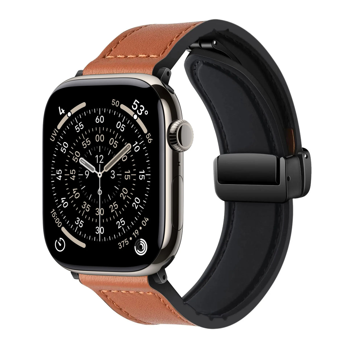 Army Green Cow Leather Strap for Apple Watch 38/40/41/42 and 42/44/45/46/49mm with Magnetic Buckle, Leather and Silicone