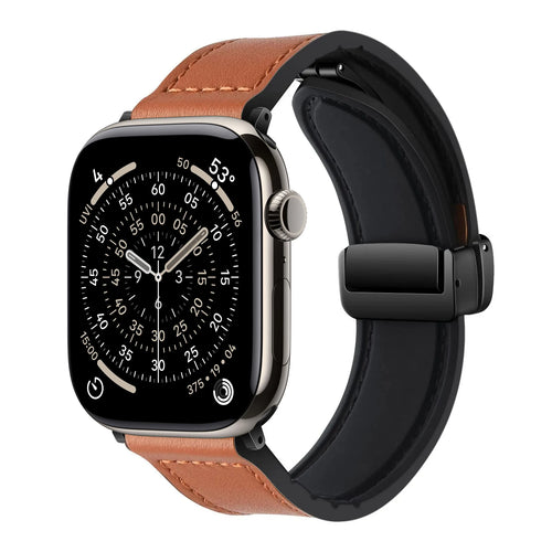 Army Green Cow Leather Strap for Apple Watch 38/40/41/42 and 42/44/45/46/49mm with Magnetic Buckle, Leather and Silicone