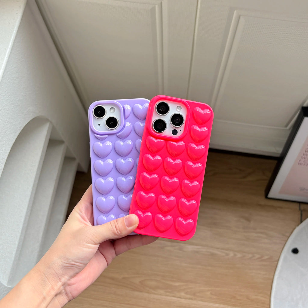 Raised Heart Pattern Phone Case for iPhone 14, 15, 16 & 17 Series - Glossy Soft TPU Shockproof Cover in Five Colours