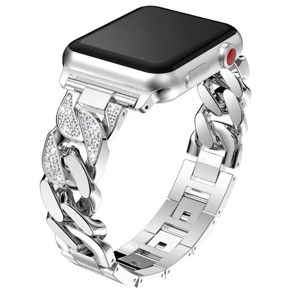 Crystal-Set Chain Link Strap for Apple Watch 38/40/41mm and 42/44/45/49mm, Stainless Steel Women's Bracelet Style in Sil