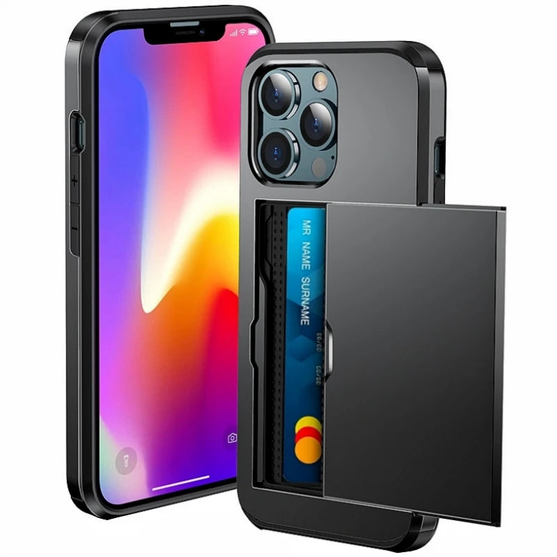 Card Slot Wallet Case with Sliding Card Holder for iPhone 16, 16e, 15 & 14 Series, Dual-Layer Hard PC and Soft TPU