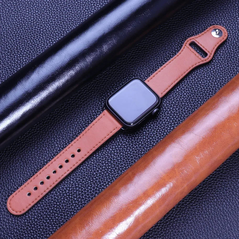 Leather Watch Strap with Snap Button for Apple Watch 38/40/41mm, 42/44/45/49mm, Series 10 42mm and 46mm in 15 Colours