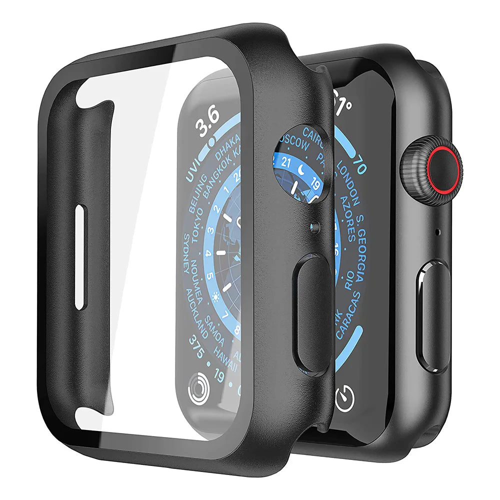 PC Bumper Case with Tempered Glass Screen Protector for Apple Watch 38–49mm Series, SE & Ultra in Black, Clear & More