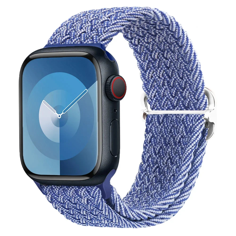 Blue Braided Nylon Stretch Strap for Apple Watch 38/40/41mm and 42/44/45/49mm - Adjustable Band for Series, SE and Ultra