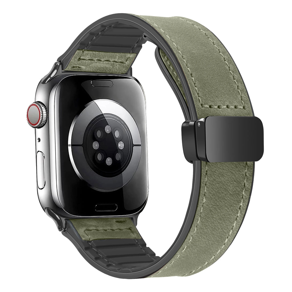Leather and Silicone Strap with Magnetic Folding Buckle for Apple Watch Series 11, 10, 9, 8, 7, SE & Ultra, 38–49mm Case