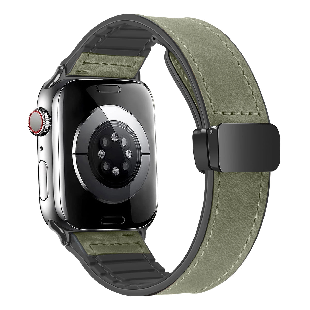Leather and Silicone Strap with Magnetic Folding Buckle for Apple Watch Series 11, 10, 9, 8, 7, SE & Ultra, 38–49mm Case