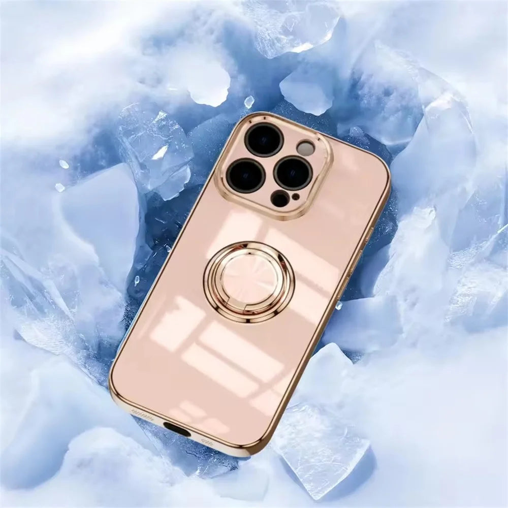 Plated Phone Case with Magnetic Metal Finger Ring Holder and Stand for iPhone 16 Pro Max, 16 Pro, 16, 15 & 14 Series