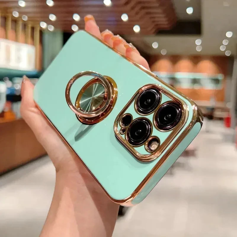 Plated Phone Case with Magnetic Metal Finger Ring Holder and Stand for iPhone 16 Pro Max, 16 Pro, 16, 15 & 14 Series