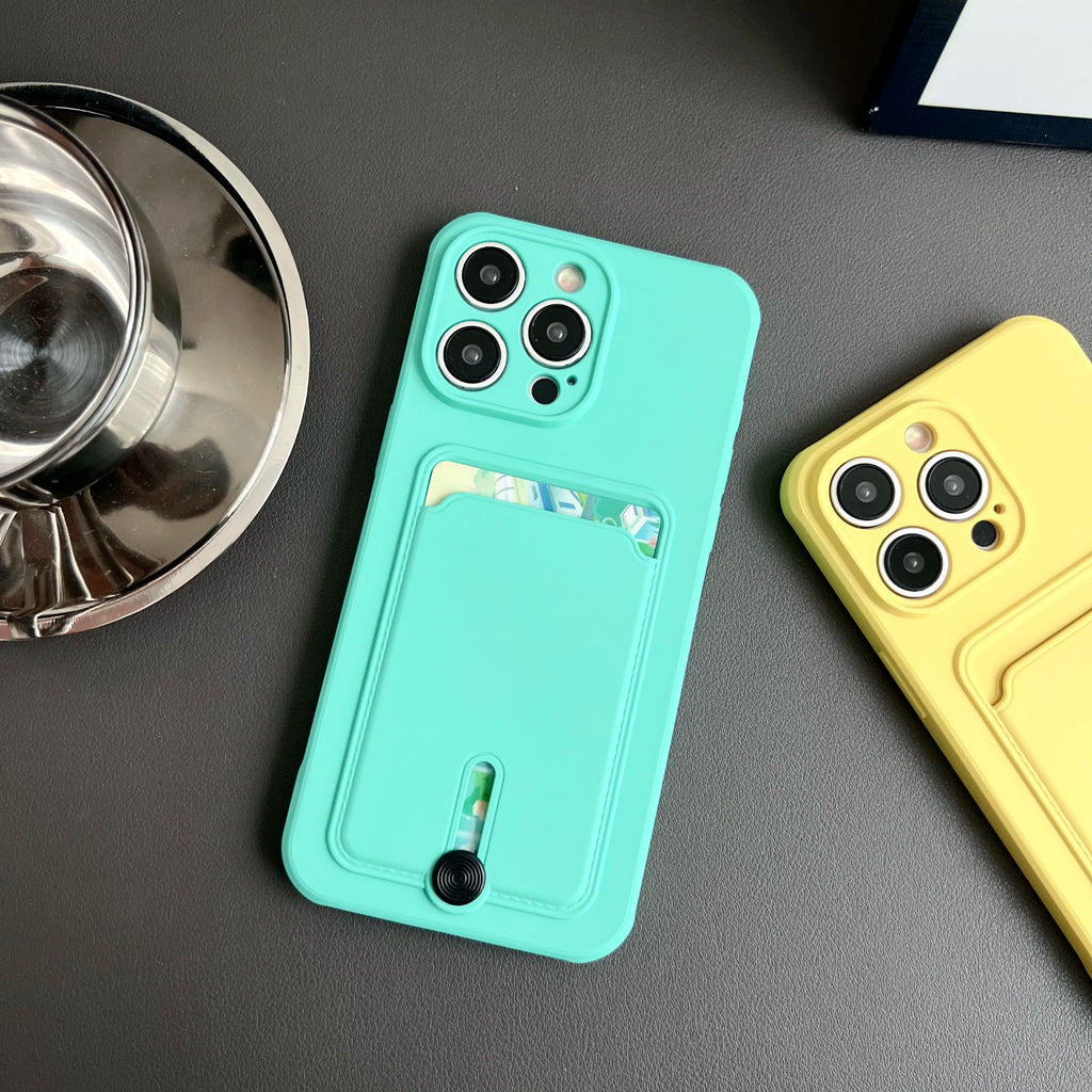 Soft Silicone Phone Case with Push-Up Card Slot for iPhone 16, 15 & 14 Series, Matte Back Cover with Card Pocket in Eigh