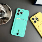 Soft Silicone Phone Case with Push-Up Card Slot for iPhone 16, 15 & 14 Series, Matte Back Cover with Card Pocket in Eigh