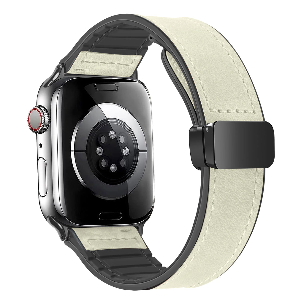 Leather and Silicone Strap with Magnetic Folding Buckle for Apple Watch Series 11, 10, 9, 8, 7, SE & Ultra, 38–49mm Case