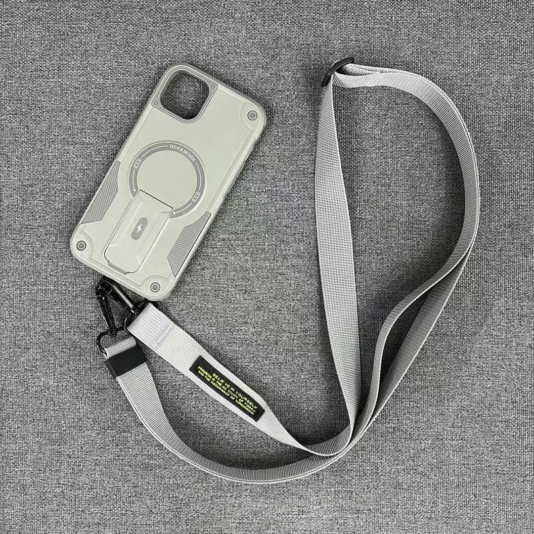 Crossbody Strap Phone Case with Fold-Out Stand and Magnetic Back for iPhone 14, 15, 16, 17 & 18 Pro Models - Long Lanyar