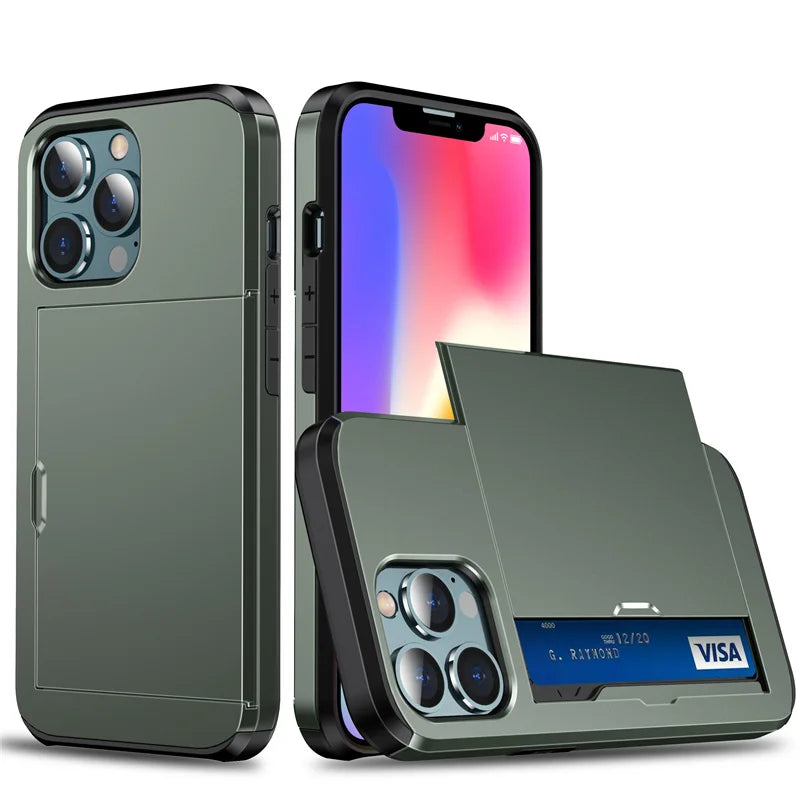 Card Slot Wallet Case with Sliding Card Holder for iPhone 16, 16e, 15 & 14 Series, Dual-Layer Hard PC and Soft TPU