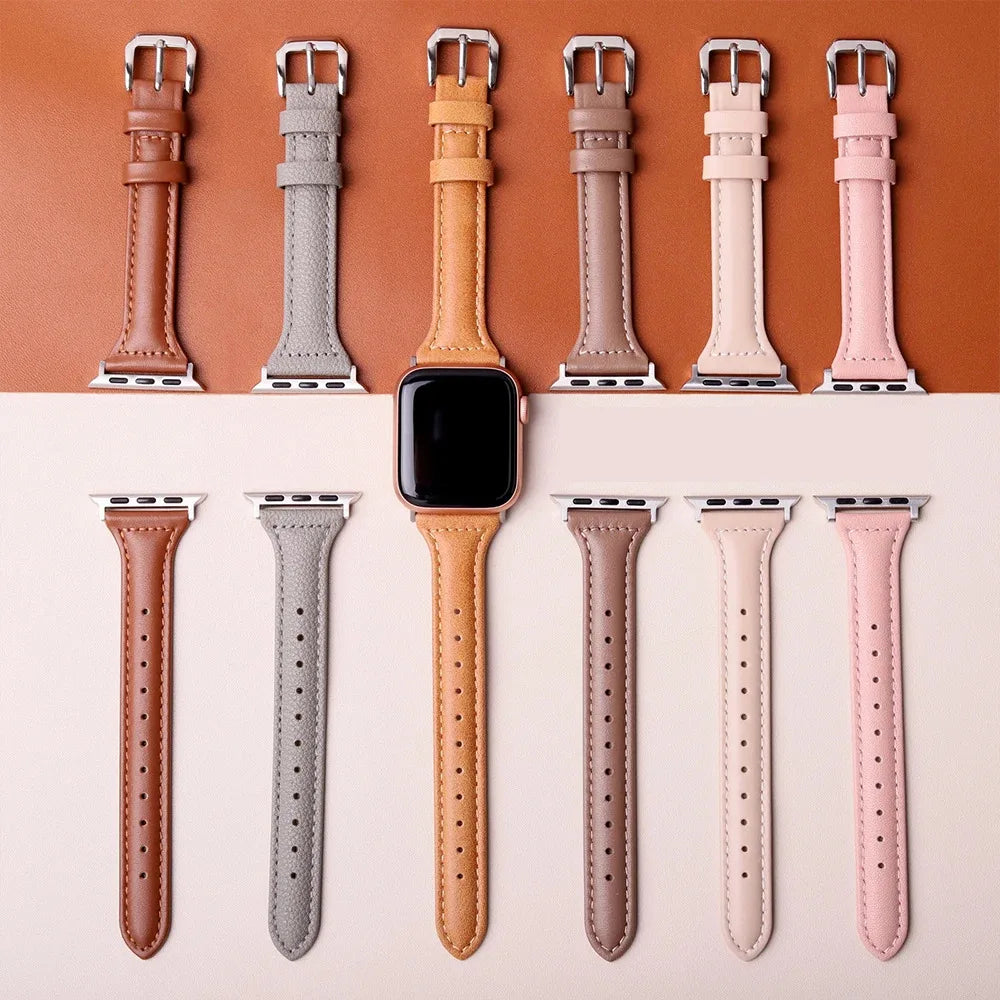 Slim Tapered Leather Strap with Silver Pin Buckle for Apple Watch 38/40/41mm and 42/44/45/49mm, Women's Narrow Watch Ban