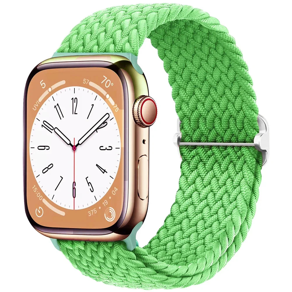 Green Braided Nylon Stretch Strap for Apple Watch 38/40/41mm and 42/44/45/49mm - Adjustable Band for Series, SE and Ultr