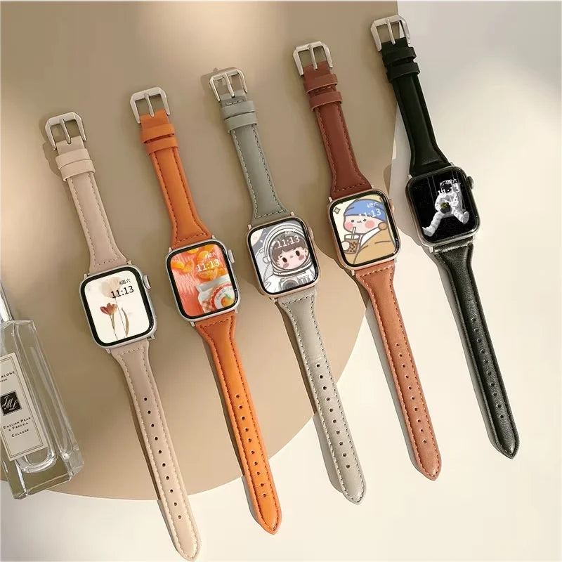 Slim PU Leather Strap with Metal Buckle for Apple Watch 38/40/41/42/44/45/46/49mm – Classic Band for Series, SE & Ultra