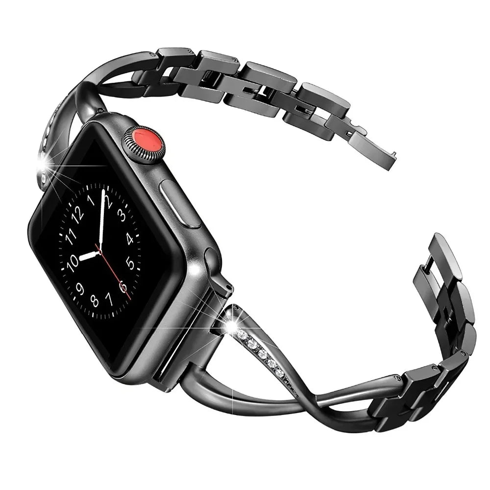 Diamond-Effect Stainless Steel Strap for Apple Watch 38/40/41mm & 44/45/49mm (42mm Series 1–3) with Hook Buckle
