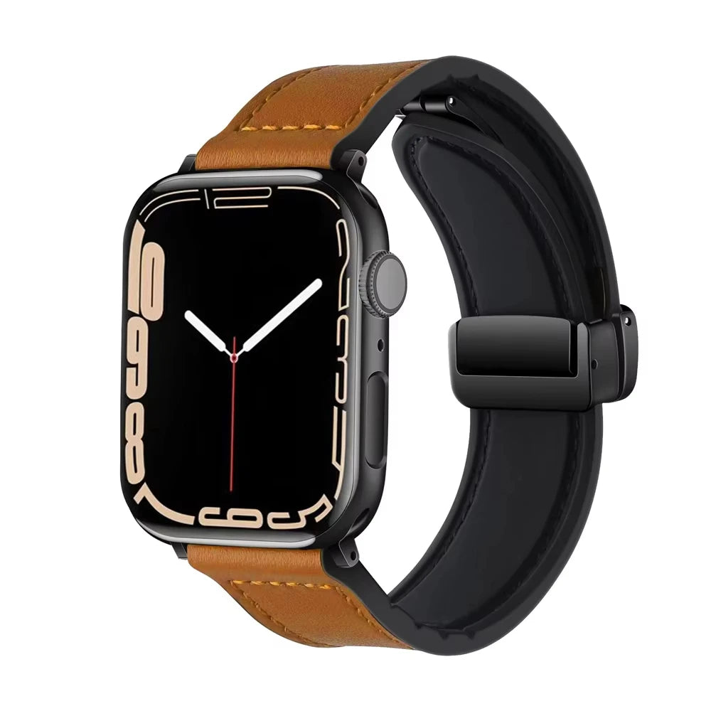 Cow Leather and Silicone Strap with Magnetic Folding Buckle for Apple Watch Series 11, 10, 9, 8, 7, SE & Ultra, 38–49mm