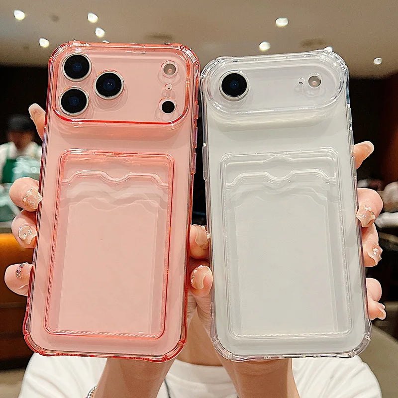 Clear Card Holder Phone Case for Selected iPhone 14 to 18 Pro Max Models, Shockproof Soft Silicone Cover with Back Card 