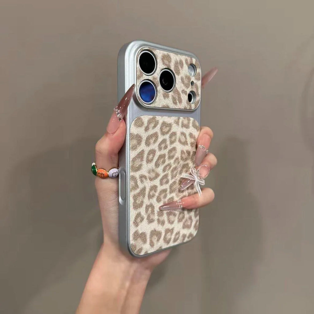 Leopard Print Artificial Leather Bumper Case for iPhone 18 Pro, 17, 16, 15 & 14 Series with Contrast Camera Frame