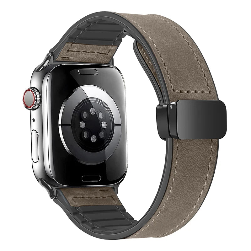 Leather and Silicone Strap with Magnetic Folding Buckle for Apple Watch Series 11, 10, 9, 8, 7, SE & Ultra, 38–49mm Case