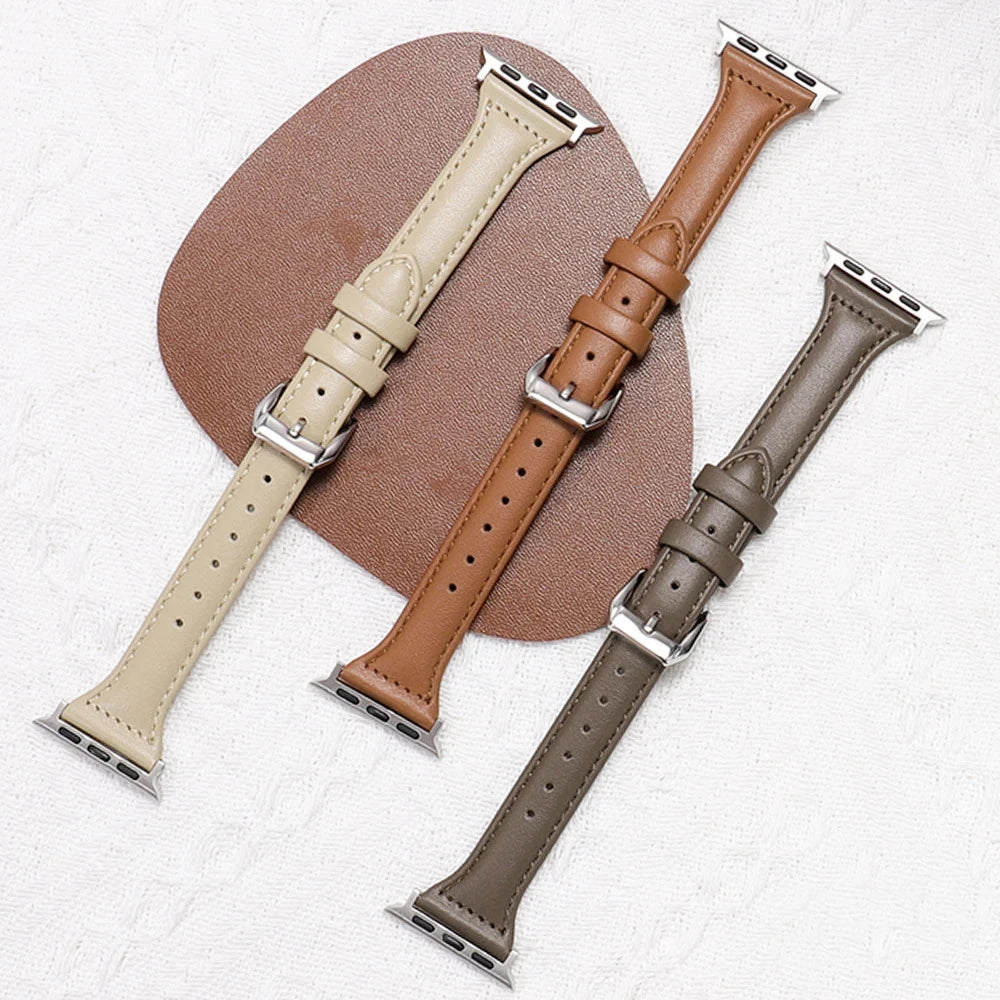 Slim Tapered Leather Strap with Silver Pin Buckle for Apple Watch 38/40/41mm and 42/44/45/49mm, Women's Narrow Watch Ban