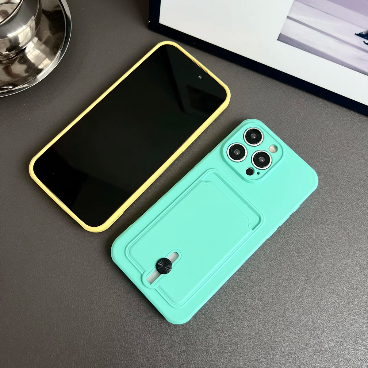 Soft Silicone Phone Case with Push-Up Card Slot for iPhone 16, 15 & 14 Series, Matte Back Cover with Card Pocket in Eigh