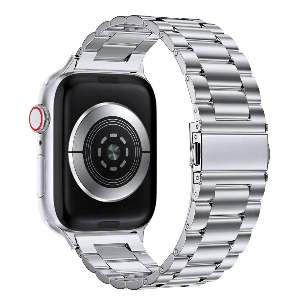 Three-Link Stainless Steel Strap with Folding Clasp for Apple Watch Series 11, 10, 9, 8, 7, SE & Ultra, 38–49mm Cases