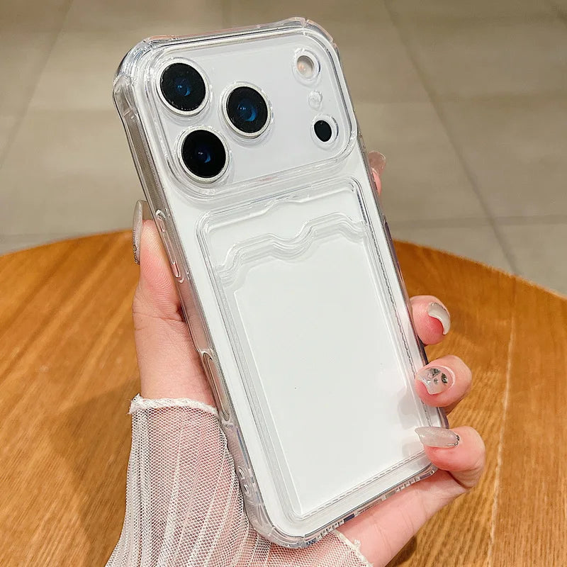 Clear Card Holder Phone Case for Selected iPhone 14 to 18 Pro Max Models, Shockproof Soft Silicone Cover with Back Card 