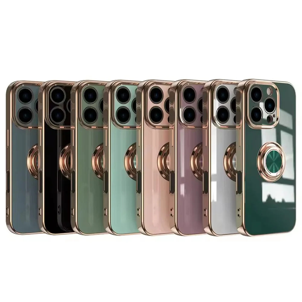 Plated Phone Case with Magnetic Metal Finger Ring Holder and Stand for iPhone 16 Pro Max, 16 Pro, 16, 15 & 14 Series